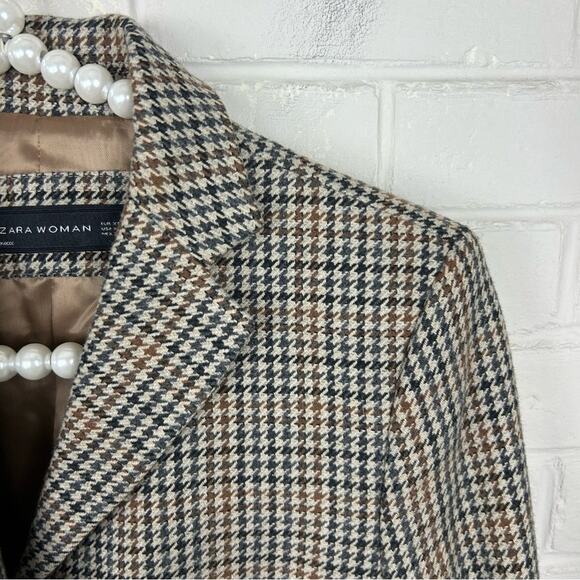 Zara Wool Blend Brown Houndstooth Knit Blazer Jacket Size XS - Picture 9 of 10